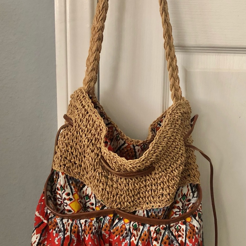 Boho Woven Straw and Patterned Fabric Shoulder beach or overnight Bag